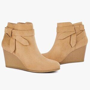 Womens Wedge Booties Fall Ankle Boots Tie Knot Stacked Heeled Side Zipper-Brown